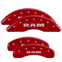 Thumbnail for MGP 4 Caliper Covers Engraved Front & Rear 2019 Ram 1500 Red Finish Silver RAM Logo