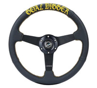 Thumbnail for NRG Sport Steering Wheel (350mm / 1.5in Deep) Black Leather/Gold Stitch w/Matte Black Solid Spokes