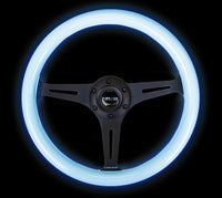 Thumbnail for NRG Classic Wood Grain Steering Wheel (350mm) Glow-In-The-Dark Blue Grip w/Black 3-Spoke Center