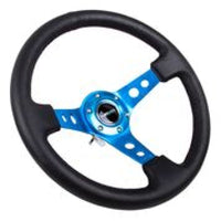 Thumbnail for NRG Reinforced Steering Wheel (350mm / 3in. Deep) Blk Leather w/Blue Circle Cutout Spokes