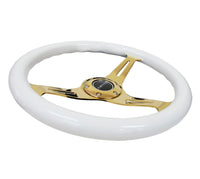 Thumbnail for NRG Classic Wood Grain Steering Wheel (350mm) White Grip w/Chrome Gold 3-Spoke Center