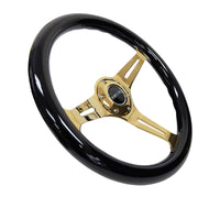 Thumbnail for NRG Classic Wood Grain Steering Wheel (350mm) Black Grip w/Chrome Gold 3-Spoke Center