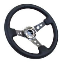 Thumbnail for NRG Reinforced Steering Wheel (350mm / 3in. Deep) Blk Leather w/Gunmetal Circle Cutout Spokes