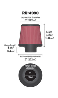 Thumbnail for K&N Filter Universal Rubber Filter-Rd Tapered 3in Flange ID x 6in Base OD x 5in Top OD x 5.563in H