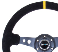 Thumbnail for NRG Reinforced Steering Wheel (350mm / 3in. Deep) Blk Suede w/Circle Cut Spokes & Single Yellow CM