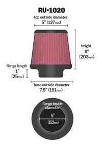 Thumbnail for K&N Universal Tapered Filter 6in Flange ID x 7.5in Base OD x 5in Top OD x 8in Height