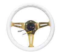 Thumbnail for NRG Classic Wood Grain Steering Wheel (350mm) White Grip w/Chrome Gold 3-Spoke Center