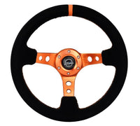 Thumbnail for NRG Reinforced Steering Wheel (350mm/ 3in. Deep) Black Suede/ Orange Center Mark/ Orange Stitching