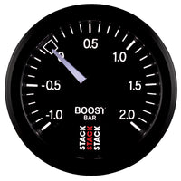 Thumbnail for Autometer Stack 52mm -1 to +2 Bar T-Fitting 0.187in Barb (M) Mechanical Boost Pressure Gauge - Black