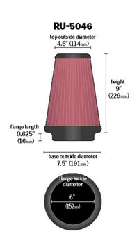 Thumbnail for K&N Universal Clamp-On Air Filter 6in FLG / 7-1/2in B / 4-1/2in T / 9in H