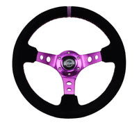 Thumbnail for NRG Reinforced Steering Wheel (350mm / 3in. Deep) Black Suede w/Purple Center & Purple Stitching