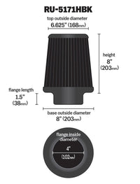 Thumbnail for K&N Universal Rubber Filter-Round Tapered 4in Flange ID x 8in Base OD x 6.625in Top OD x 8in H