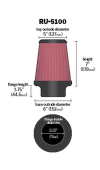 Thumbnail for K&N Universal Clamp-On Air Filter 3-1/8in FLG / 6in B / 5in T / 7in H