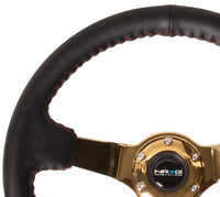 Thumbnail for NRG Reinforced Steering Wheel (350mm / 3in. Deep) Blk Leather/Red BBall Stitch w/4mm Gold Spokes