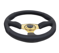 Thumbnail for NRG Reinforced Steering Wheel (350mm / 2.5in. Deep) Leather Race Comfort Grip w/4mm Gold Spokes