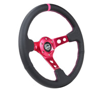 Thumbnail for NRG Reinforced Steering Wheel (350mm/3in. Deep) Black Leather/ Fushia Center Mark/ Fushia Stitching