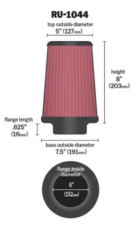 Thumbnail for K&N Universal Clamp-On Air Filter 6in FLG / 7-1/2in B / 5in T / 8in H