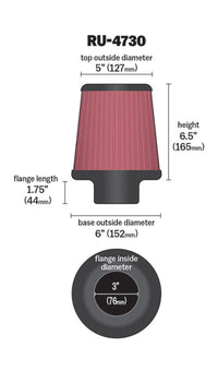 Thumbnail for K&N Filter 3 inch Flange 6 inch Base 5 Top 6 1/2 inch Height