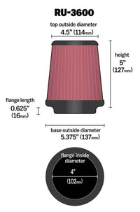 Thumbnail for K&N Universal Air Filter 4in Flange / 5-3/8 in Base / 4-1/2in Top / 5in Height