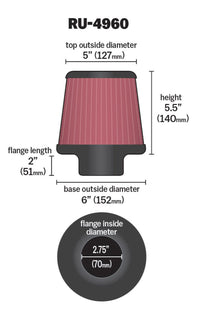 Thumbnail for K&N Filter Universal Rubber Filter 2 3/4 inch Flange 6 inch Base 5 inch Top 5 1/2 inch Height