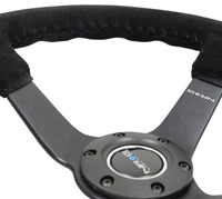 Thumbnail for NRG Reinforced Steering Wheel (350mm / 3in. Deep) Blk Suede/Blk Bball Stitch w/5mm Matte Black Spoke