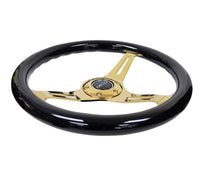 Thumbnail for NRG Classic Wood Grain Steering Wheel (350mm) Black Grip w/Chrome Gold 3-Spoke Center