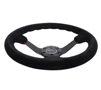 Thumbnail for NRG Reinforced Steering Wheel (350mm / 3in. Deep) Blk Suede/Red BBall Stitch w/5mm Matte Blk Spokes