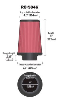 Thumbnail for K&N Universal Chrome Filter 6 inch FLG / 7.5 inch Base / 4.5 inch Top / 9 inch Height