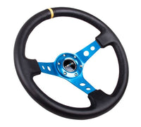 Thumbnail for NRG Reinforced Steering Wheel (350mm / 3in. Deep) Blk Leather w/Blue Circle Cutout Spokes