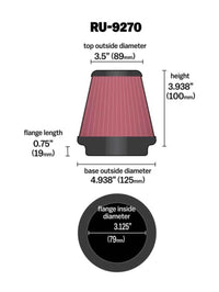 Thumbnail for K&N Universal Tapered Filter 3-1/8in Flange IDx4-15/16in Base OD x 3-1/2in Top OD x 3-15/16in Height