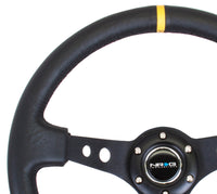 Thumbnail for NRG Reinforced Steering Wheel (350mm / 3in. Deep) Blk Leather w/Blk Cutout Spoke/Yellow Center Mark