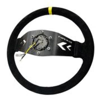 Thumbnail for NRG Reinforced Steering Wheel (350mm / 3in. Deep) Blk Suede w/NRG Arrow Cut 2-Spoke & Yellow Mark