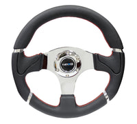 Thumbnail for NRG Reinforced Steering Wheel (320mm) Blk Leather/Red Stitching w/Chrome 3-Spoke Center