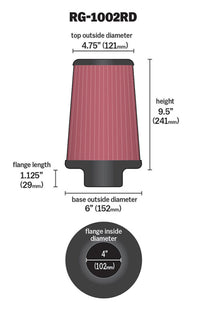 Thumbnail for K&N Universal Air Filter Chrome Round Tapered Red - 4in Flange ID x 1.125in Flange Length x 9.5in H