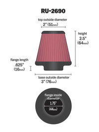 Thumbnail for K&N Filter Universal Rubber Filter 1 3/4 inch Flange 3 inch Base 2 inch Top 2.5 inch Height