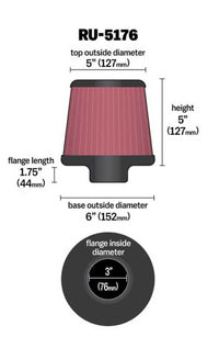 Thumbnail for K&N Universal Rubber Filter-Round Tapered 3in Flange ID x 6in Base OD x 6in Top OD x 5in H