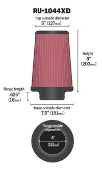 Thumbnail for K&N Universal Clamp-On Air Filter 6in FLG / 7-1/2in B / 5in T / 8in H