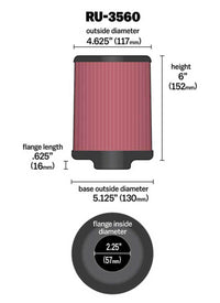 Thumbnail for K&N Universal Rubber Filter 2-1/4in FLG x 5-1/8in Base x 4-5/8in Top x 6in Height