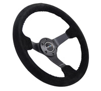 Thumbnail for NRG Reinforced Steering Wheel (350mm / 3in. Deep) Blk Suede/Blk Bball Stitch w/5mm Matte Black Spoke