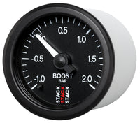 Thumbnail for Autometer Stack 52mm -1 to +2 Bar T-Fitting 0.187in Barb (M) Mechanical Boost Pressure Gauge - Black