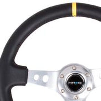 Thumbnail for NRG Reinforced Steering Wheel (350mm / 3in. Deep) Blk Leather w/Circle Cut Spokes & Single Yellow CM