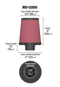 Thumbnail for K&N Universal Tapered Filter 3.125in Flange ID x 5in Base OD x 3.5in Top OD x 6in Height