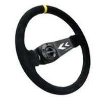 Thumbnail for NRG Reinforced Steering Wheel (350mm / 3in. Deep) Blk Suede w/NRG Arrow Cut 2-Spoke & Yellow Mark