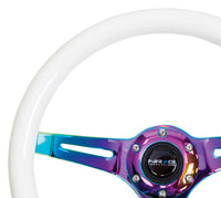 Thumbnail for NRG Classic Wood Grain Steering Wheel (350mm) Glow-N-The-Dark Green Grip w/Neochrome 3-Spoke Center