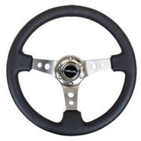 Thumbnail for NRG Reinforced Steering Wheel (350mm / 3in. Deep) Blk Leather w/Gunmetal Circle Cutout Spokes