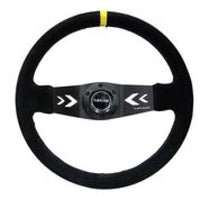 Thumbnail for NRG Reinforced Steering Wheel (350mm / 3in. Deep) Blk Suede w/NRG Arrow Cut 2-Spoke & Yellow Mark