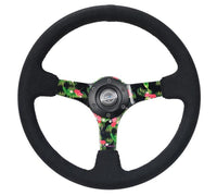 Thumbnail for NRG Reinforced Steering Wheel (350mm / 3in. Deep) Black Suede w/ 5mm Floral 3-Spoke Center