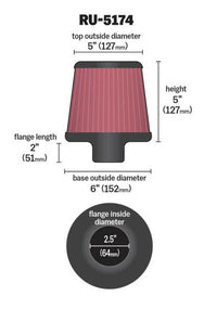 Thumbnail for K&N Universal Rubber Filter-Round Tapered 2.5in Flange ID x 6in Base OD x 5in Top OD x 5in Height