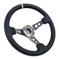 Thumbnail for NRG Reinforced Steering Wheel (350mm / 3in. Deep) Blk Leather w/Gunmetal Cutout Spoke & Yellow CM