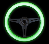 Thumbnail for NRG Classic Wood Grain Steering Wheel (350mm) Glow-N-The-Dark Green Grip w/Black 3-Spoke Center